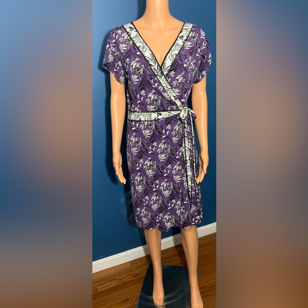 G.H. Bass & Co. Purple and White Leaf Print Wrap Dress
